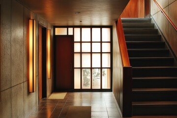 Fototapeta premium Contemporary Home Elevator Design. Stylish Lift with Modern Staircase, Elegant Corridor, and Chic Interior