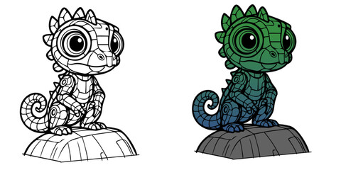 The two different colored cartoon characters are a green and a blue lizard. The green lizard is sitting on a rock, while the blue lizard is standing on a rock. The two lizards have different colors