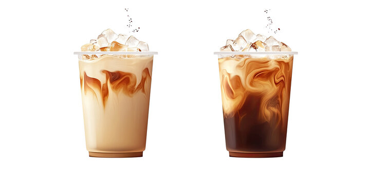 Cold coffee beverages with whipped cream and caramel sauce isolated on white transparent background
