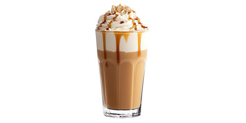 Caramel macchiato drink with cream topping isolated on white transparent background