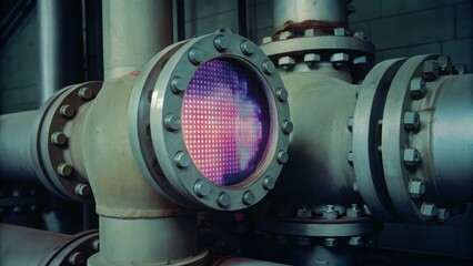Fototapeta premium Industrial pipes with a glowing, high-tech circular viewport emitting purple light in a factory setting.
