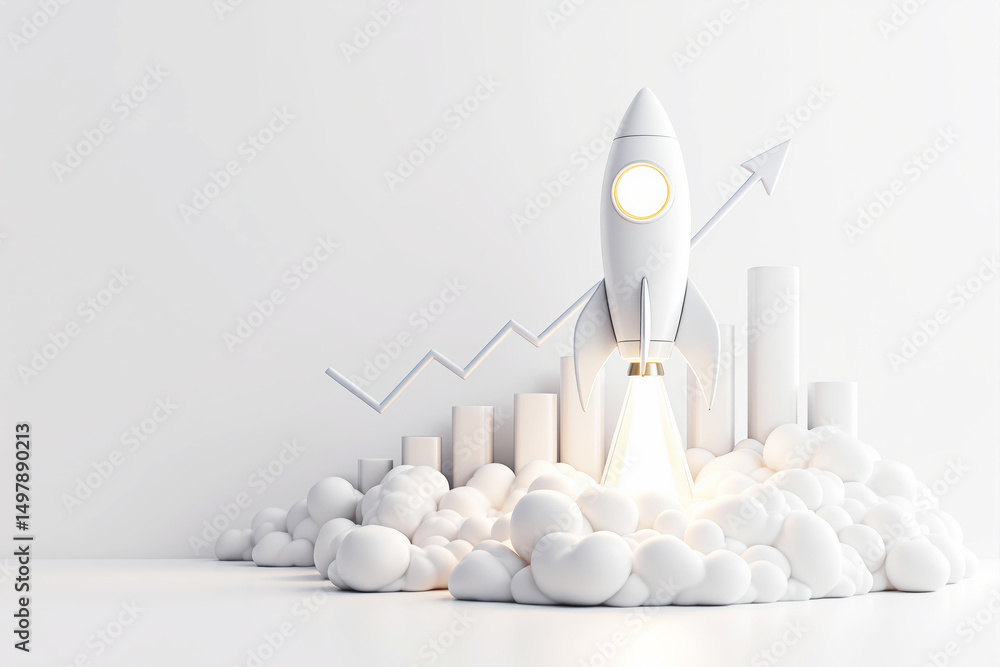 Poster white rocket launching with glowing thrust, surrounded by clouds and bar chart, on a clean minimal b