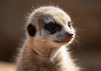Fototapeta premium Close-up portrait of a curious baby meerkat in natural sunlight