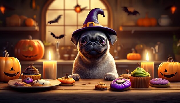 Halloween-Mops mit Spukgeb&auml;ck in rustikaler K&uuml;che