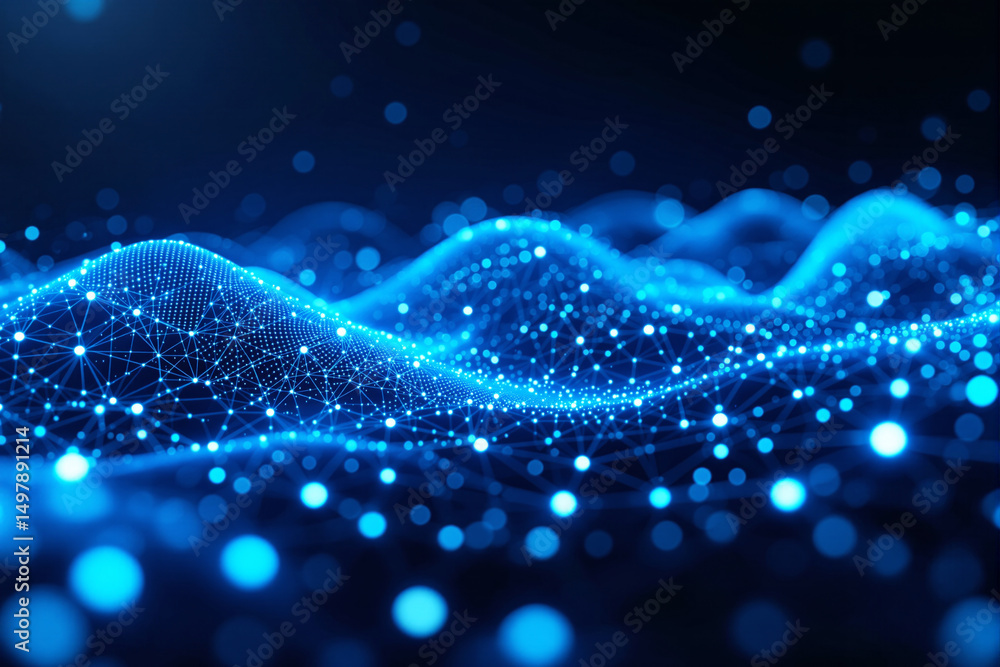 Poster abstract glowing blue digital mesh wave with dots and lines forming a futuristic network on a dark b