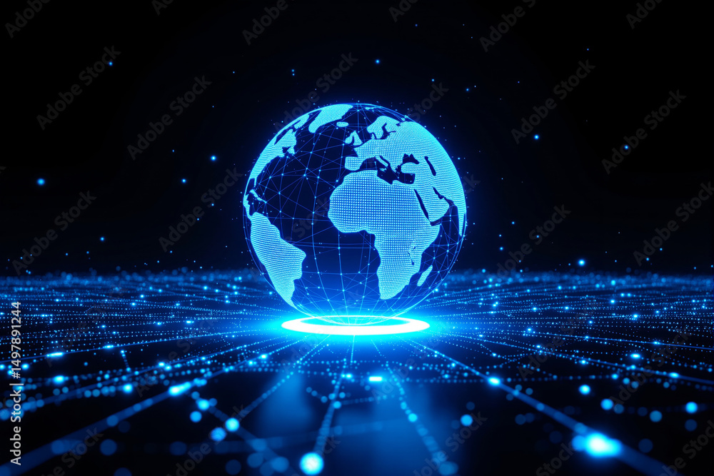 Poster glowing digital globe with blue network lines and data points on a futuristic creative background, s