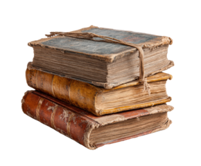 Vintage books stacked on a table with worn covers and frayed edges on a transparent background, cut out