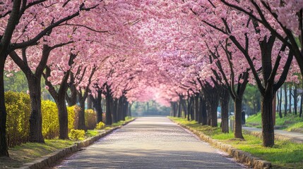 A dreamy avenue lined with blooming pink cherry blossom trees in spring.
