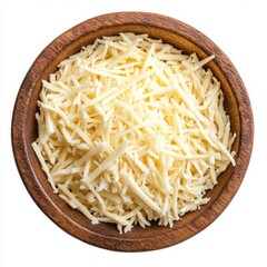 Grated cheese in a wooden bowl food photography isolated on white background