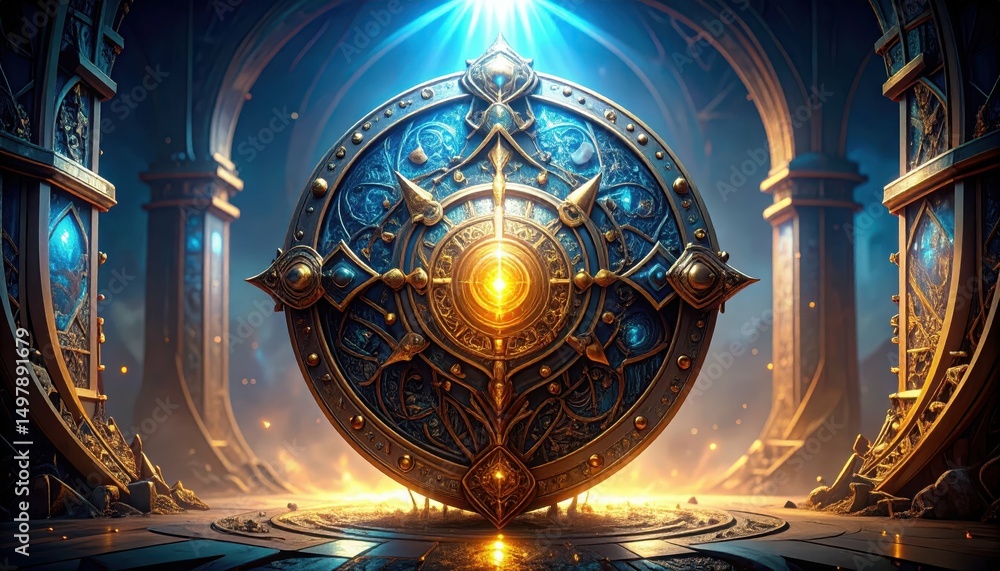Poster quantum armor shield with entangled patterns and radiant light effect