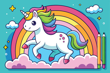 Cute Rainbow Unicorn Cartoon Illustration for Kids