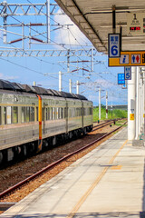 Taiwan May 21, 2024: A scenic view of a train at Fuli Station in Hualien, Taiwan, with clear sky...