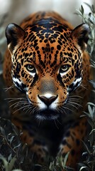 Obraz premium A majestic jaguar, eyes piercing, emerges from dark foliage, its spotted coat vividly detailed, a powerful and intense gaze