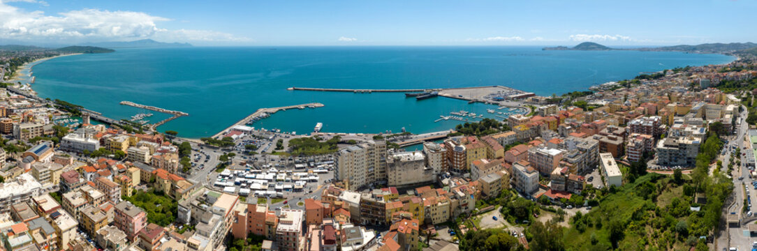 Aerial view of the city of Formia, in the province of Latina, Lazio, Italy. This town has a port overlooking the Mediterranean Sea.