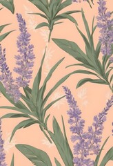 Seamless botanical pattern with lavender and banana leaves on peach background. Ideal for textile design, gift wrapping paper