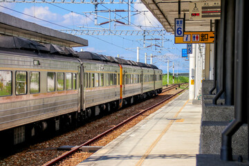 Taiwan May 21, 2024: A scenic view of a train at Fuli Station in Hualien, Taiwan, with clear sky and mountain background. Ideal for travel, transport, and rural tourism themes. Fuli Station