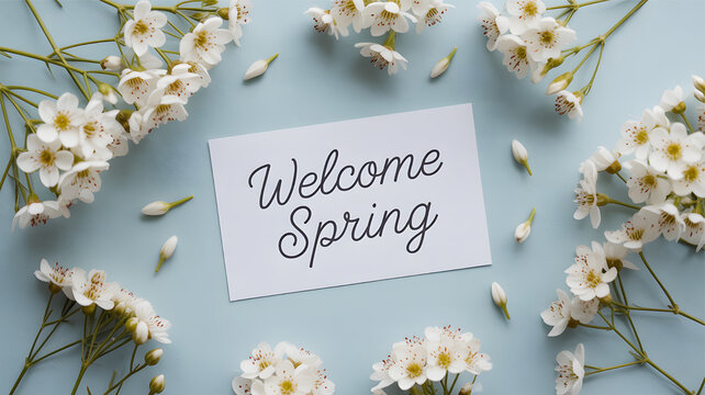 Welcome spring white flowers blue background