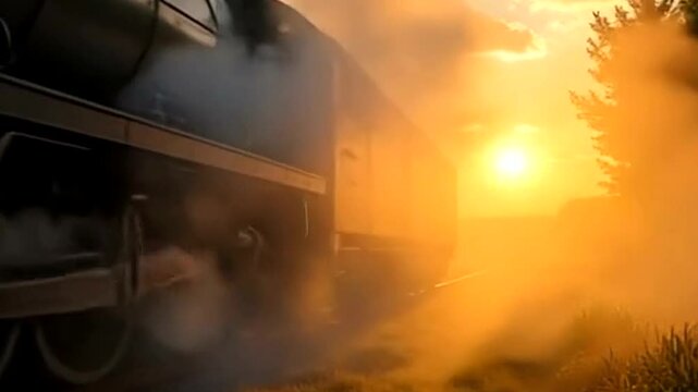 Vintage steam train chugging along the tracks at sunset, surrounded by golden fields and trees, with smoke billowing into the sky, evoking a sense of nostalgia and adventure