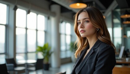 Fototapeta premium Professional Woman in Modern Office Focused Expression Business Environment Indoor View Blurry Background