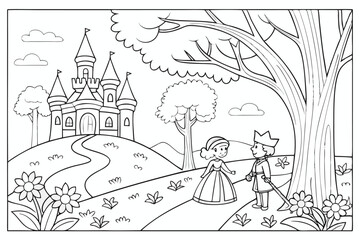 Obraz premium Prince and Princess Walking Towards Fairytale Castle