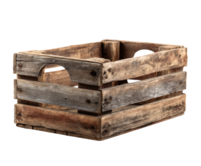 Wooden crate for storage and decoration in rustic style on a transparent background, cut out