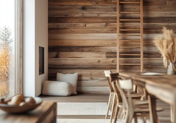 Rustic wooden wall, cozy living area