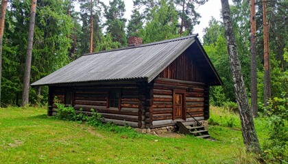 Cozy Rustic Log Farmhouse Surrounded by Serene Forest Landscape