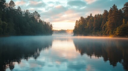 Obraz premium Sunrise Over a Misty Lake with Reflections