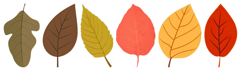 Fototapeta premium PNG Illustration of six colorful autumn leaves transparent background.