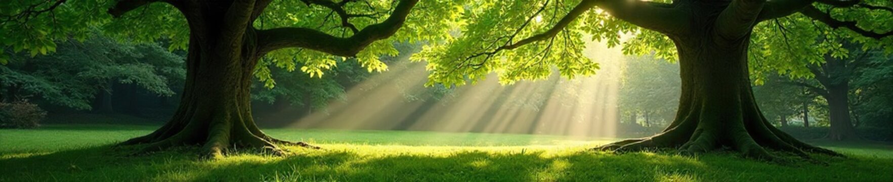 Serene beech tree garden bathed in sunlight, dappled shade on mossy ground, lush green leaves, tranquil atmosphere  Perfect for nature, peace, tranquility themes ,  wallpaper,  background