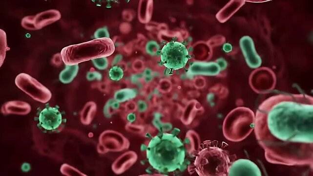 Virus bacteria and red blood cells, infection 3d rendering, health care, medical and science concept. particle in blood, human body science biology