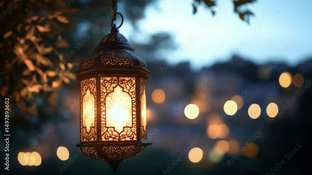 Poster a lantern hangs from a tree branch on a dark and quiet night, providing soft light