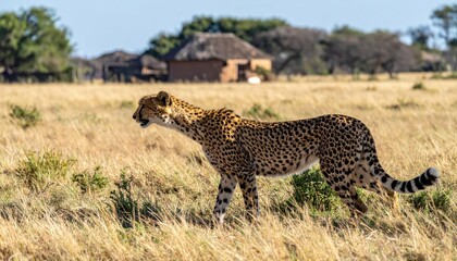 Fototapeta premium Cheetah Walking in Samburu Landscape Near Farmhouse Enclosure