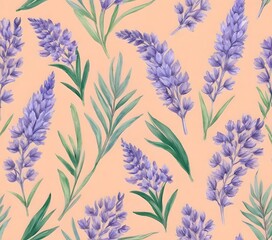 Fototapeta premium Seamless botanical pattern with lavender and banana leaves on peach background. Ideal for textile design, gift wrapping paper