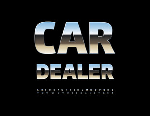 Vector Chrome sign Car Dealer. Stainless Steel Font. Glossy Silver Alphabet Letters and Numbers.