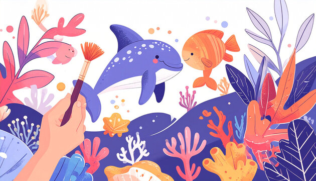 Playful underwater scene with a hand holding a paintbrush, seemingly painting a blue dolphin and orange fish amongst vibrant coral and seaweed