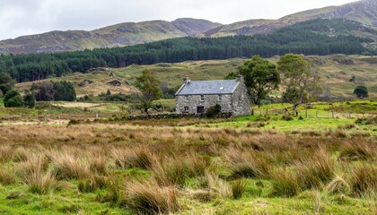 Rugged Scottish Grey Stone Croft Farmhouse in Historical Landscape