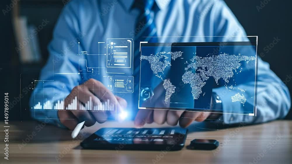 Aufkleber businessman using digital tablet with global map interface