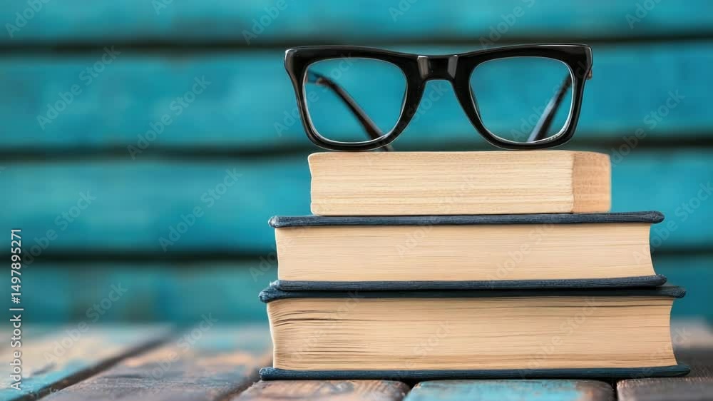 Poster a stack of books with glasses on top, perfect for a study or reading scene
