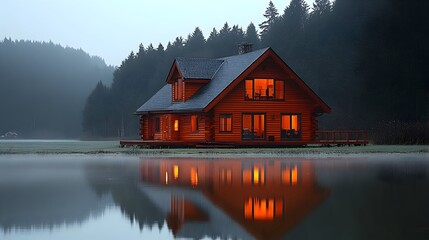 Fototapeta premium A rustic log cabin glows warmly beside a still, misty lake at dawn, nestled amongst a dark forest
