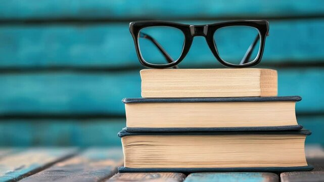 A stack of books with glasses on top, perfect for a study or reading scene