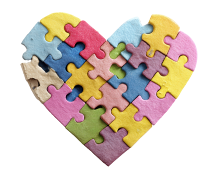 Heart shaped puzzle pieces forming a colorful design for love on a transparent background, cut out