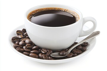 Fototapeta premium Black Coffee Cup with Roasted Beans and Silver Spoon on Saucer