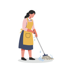 Woman washing mop head while cleaning in a bright kitchen  