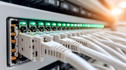 professional-grade network room with neatly routed ethernet cables directed into sequential ports on a 48-port switch, each port showing active green status lights, overhead cable trays and