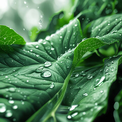 Fototapeta premium Wet green leaf with water drops shows nature's fresh beauty after rain