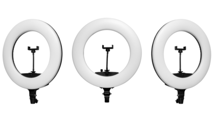Three LED ring lights with smartphone holders isolated on transparent back
