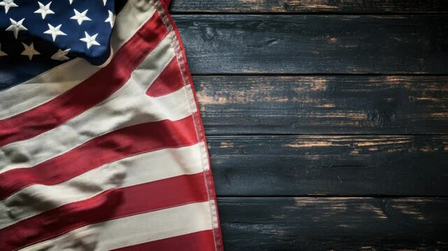 A close-up shot of an American flag lying flat on a wooden surface