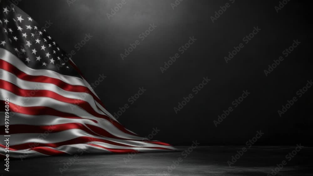 Poster an american flag is displayed in a dimly lit space, highlighting the contrast between light and dark