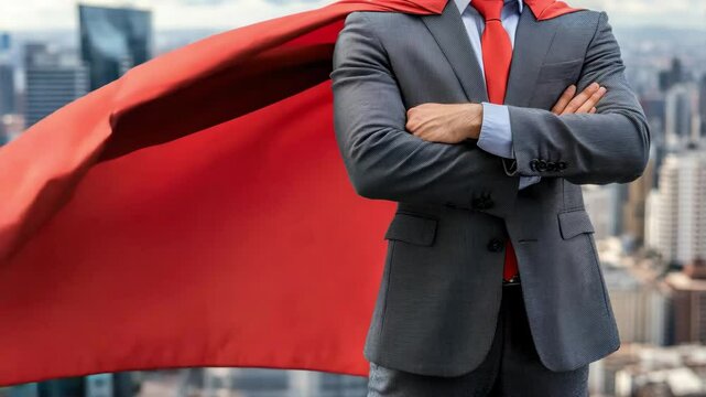 Businessman in suit and red super hero cape standing on cityscape background. Concept of success leader in business
